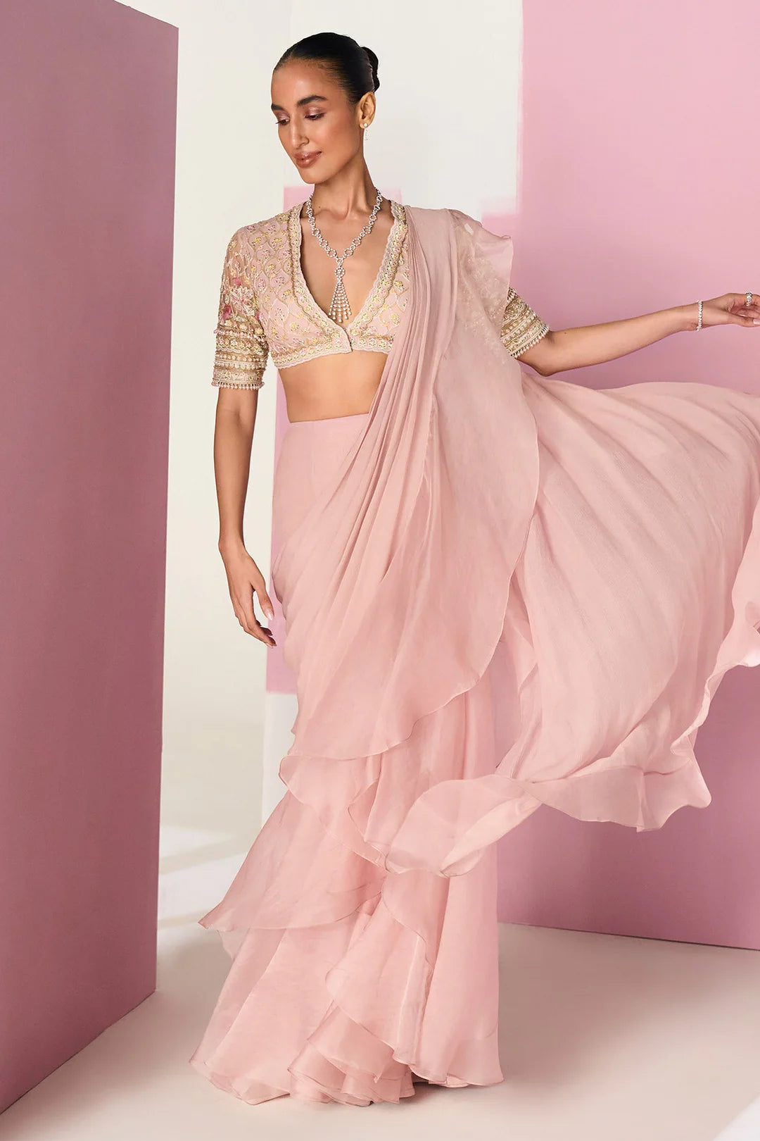 Rent Ridhi Mehra Dusty Pink Chiffon & Organza Ruffled Draped Saree Set