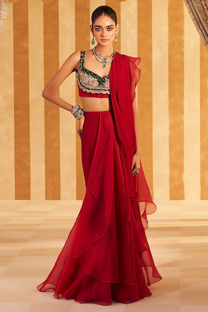 Rent Red Chiffon & Organza Ruffled Draped Saree Set