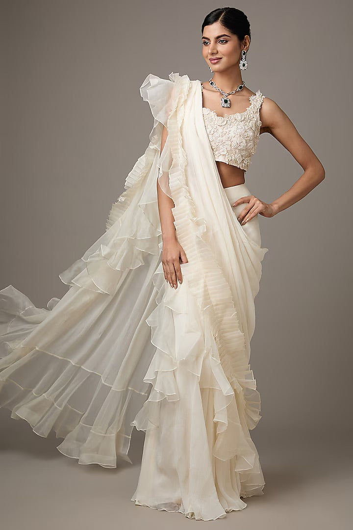 Ivory Chiffon & Organza Ruffled Draped Saree Set