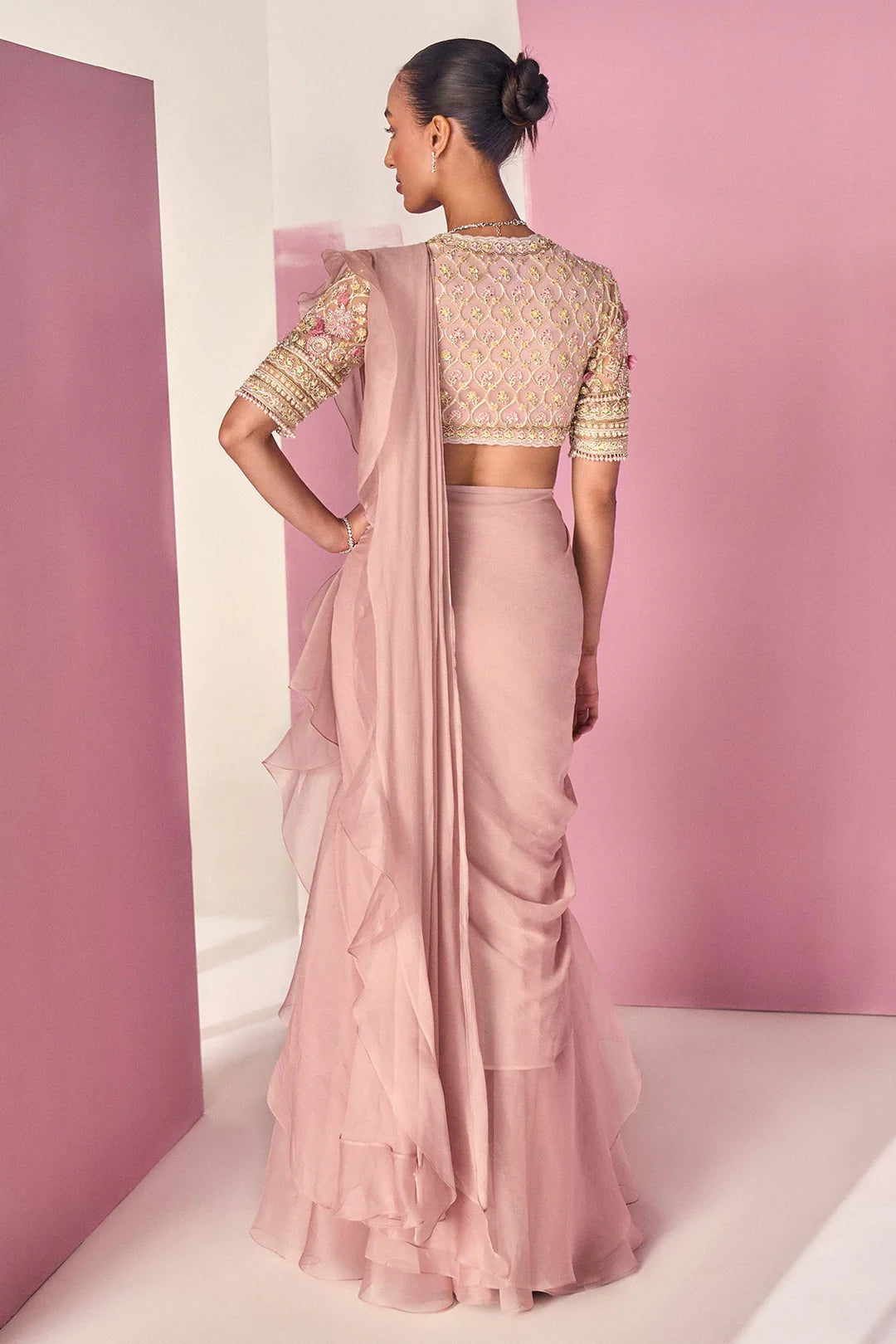 Rent Ridhi Mehra Dusty Pink Chiffon & Organza Ruffled Draped Saree Set