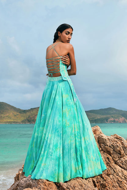 Rent Anita Dongre Open Back Turquoise Skirt Set