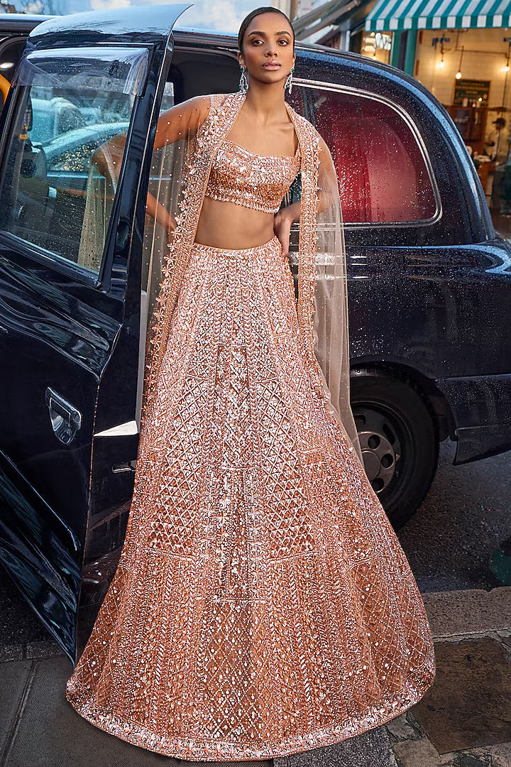 Peach Net Sequins Embroidered Lehenga Set