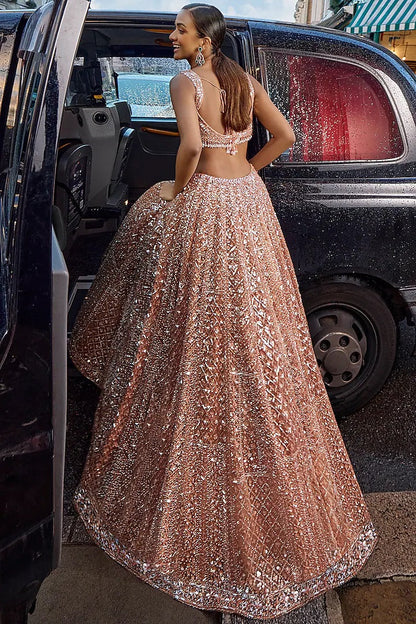 Peach Net Sequins Embroidered Lehenga Set