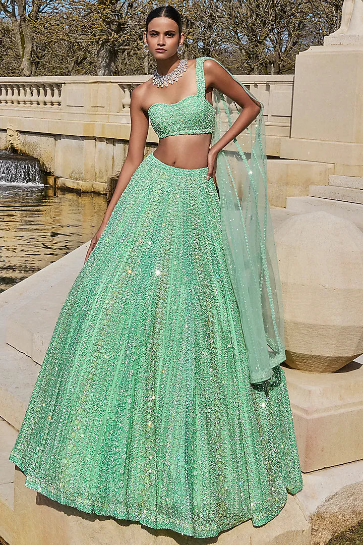 Sea Green Net Sequins Embroidered Lehenga Set