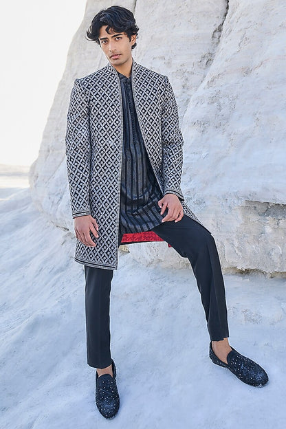 Rent Seema Gujral Black Raw Silk Embroidered Indowestern Set