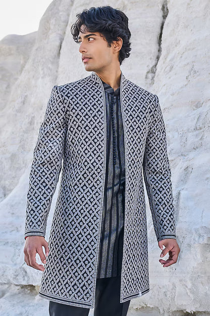 Rent Seema Gujral Black Raw Silk Embroidered Indowestern Set