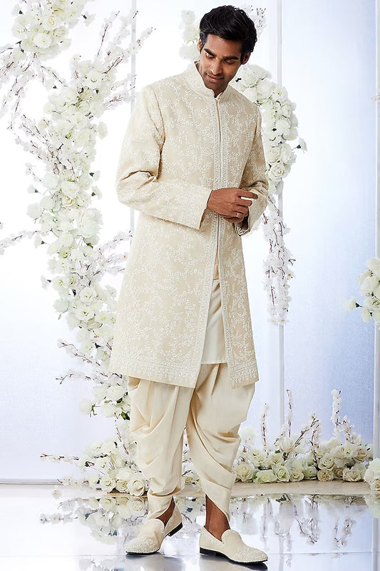 Rent Seema Gujral Men Powder Beige Embroidered Sherwani Set