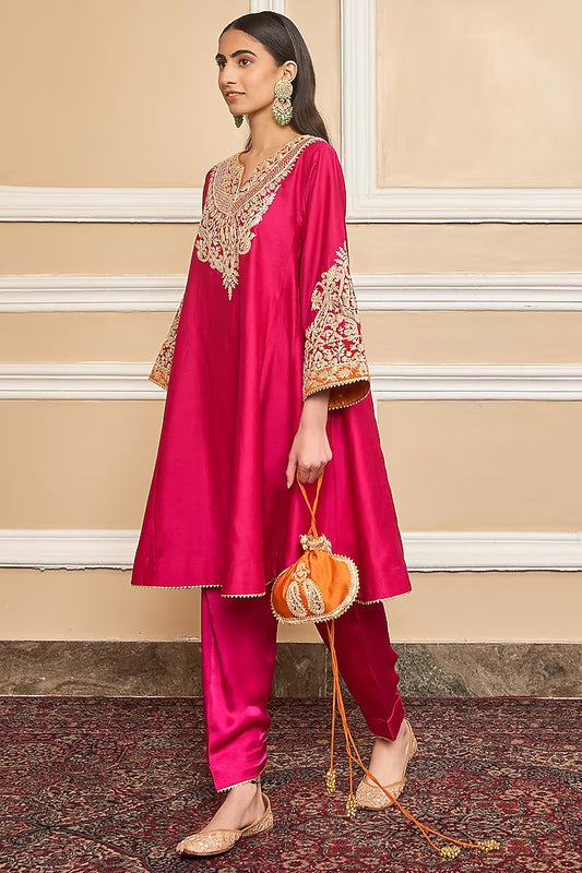 Rent - Hot Pink Silk Chanderi Embroidered Kurta Set