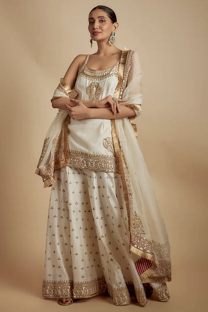 Ivory Silk Chanderi Kiran Dori Embroidered Sharara Set - Rent