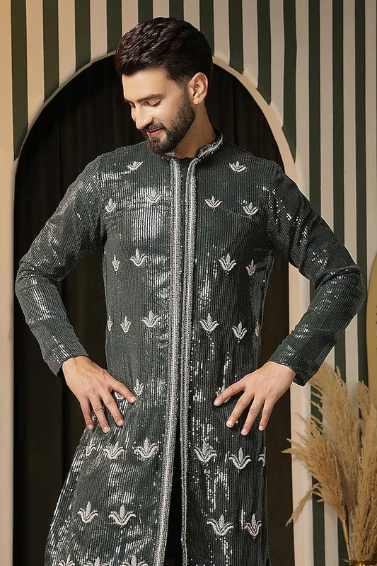 Rent Men Green Sequins Georgette Embroidered Kurta Set