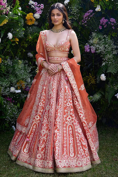 Rent Vermillion Orange Raw Silk Thread Embroidered Lehenga Set