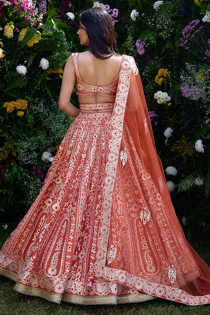 Rent Vermillion Orange Raw Silk Thread Embroidered Lehenga Set
