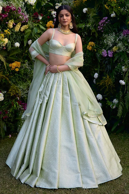 Rent Green Brocade Patchwork Embroidered Lehenga Set