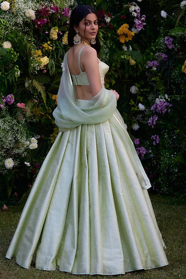 Rent Green Brocade Patchwork Embroidered Lehenga Set