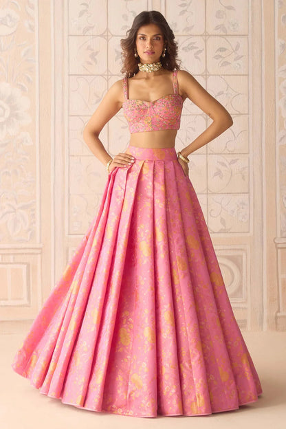 Rent Coral Pink Brocade Pleated Lehenga Set