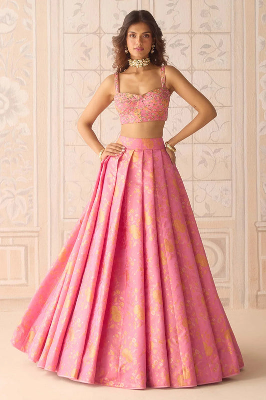 Rent Coral Pink Brocade Pleated Lehenga Set