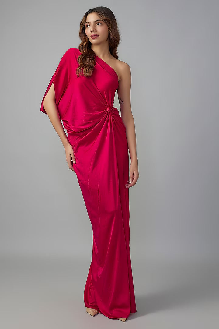 Red Silk Lycra Satin Front Knotted One-Shoulder Dress - Rent