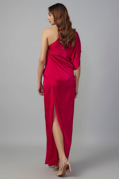 Red Silk Lycra Satin Front Knotted One-Shoulder Dress - Rent