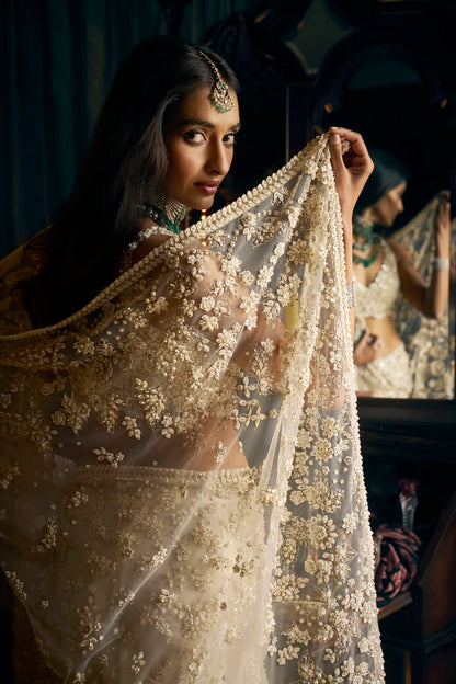 Rent Seema Gujral Ivory Three-dimensional Saree Set
