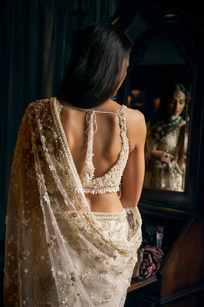 Rent Seema Gujral Ivory Three-dimensional Saree Set
