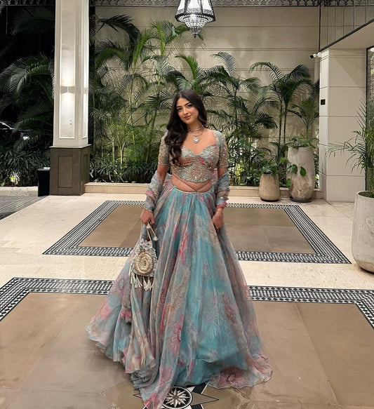 Rent Mahima Mahajan Aquamarine Organza Lehenga Set