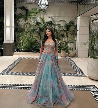 Rent Mahima Mahajan Aquamarine Organza Lehenga Set
