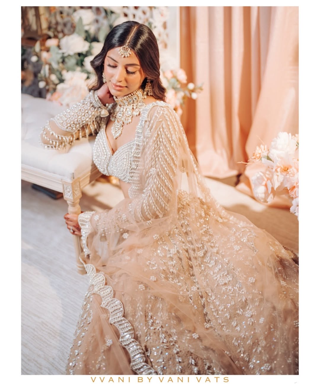 Rent Vvani By Vani Vats Beige Chandelier Pearl Lehenga Set