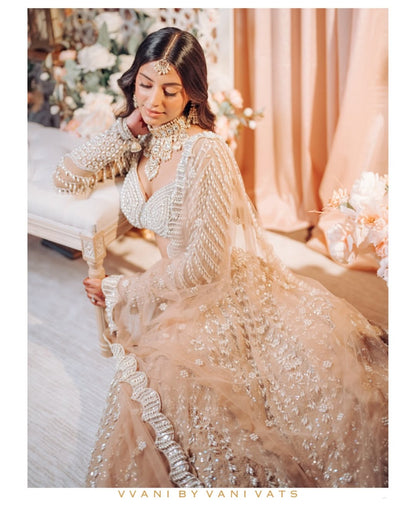 Rent Vvani By Vani Vats Beige Chandelier Pearl Lehenga Set
