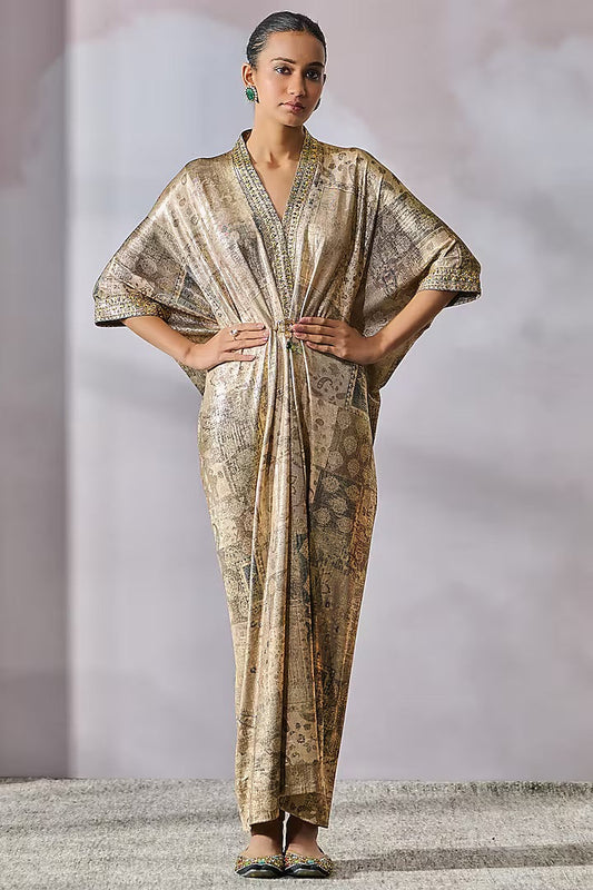 Oyster Color Foil Jersey Crystal Embellished & Printed Dress