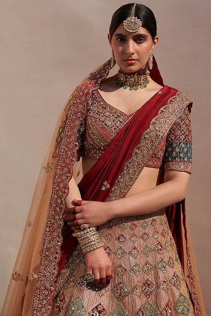 Nude Raw Silk Applique Embroidered Lehenga Set