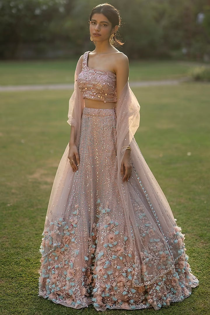 3D Sequin Peach Net Sequins Embellished Lehenga Set