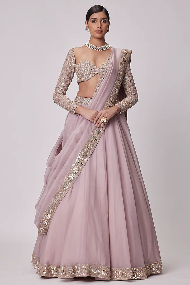 Rent Vvani By Vani Vats Ash Pink Organza Lehenga Set