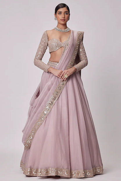 Rent Vvani By Vani Vats Ash Pink Organza Lehenga Set