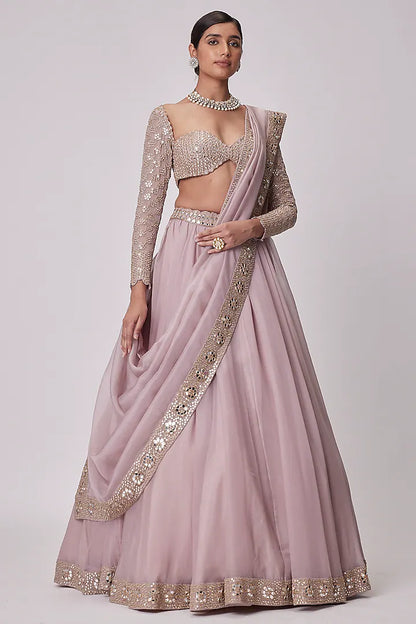 Rent Vvani By Vani Vats Ash Pink Organza Lehenga Set