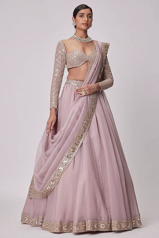 Rent Vvani By Vani Vats Ash Pink Organza Lehenga Set