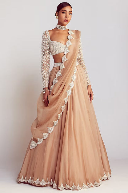 Beige Organza Pearl Embellished Lehenga Set