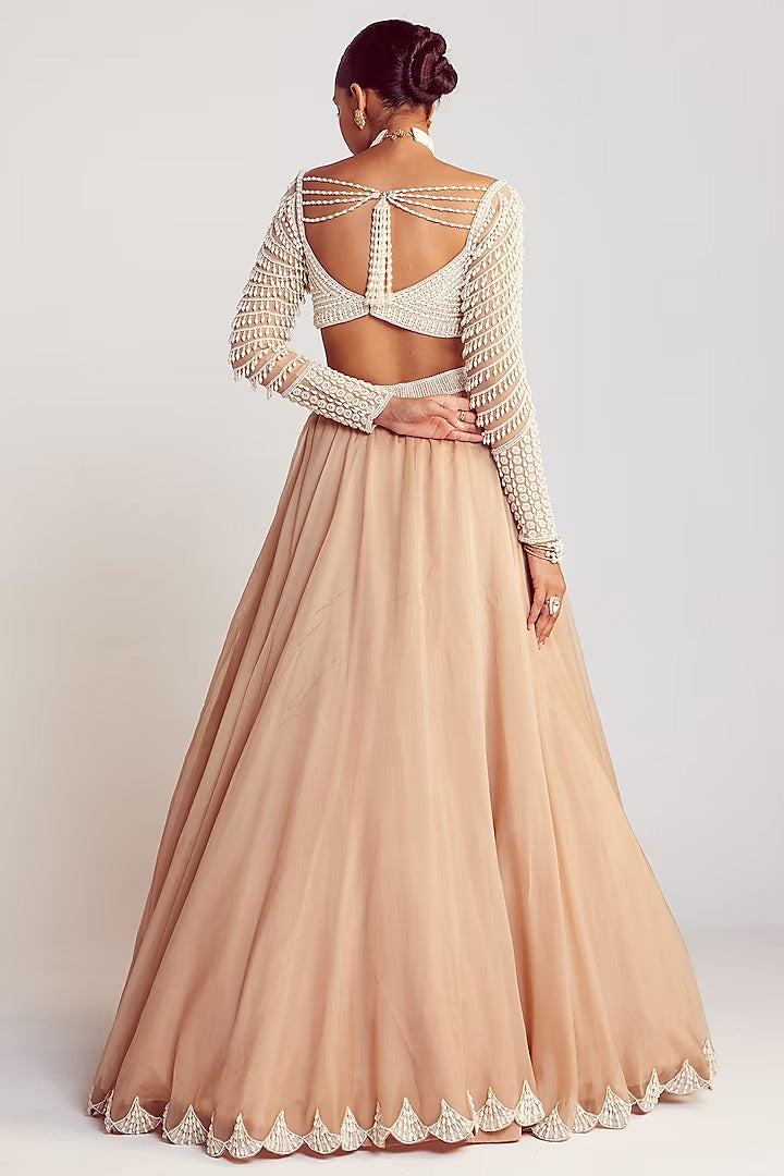 Beige Organza Pearl Embellished Lehenga Set