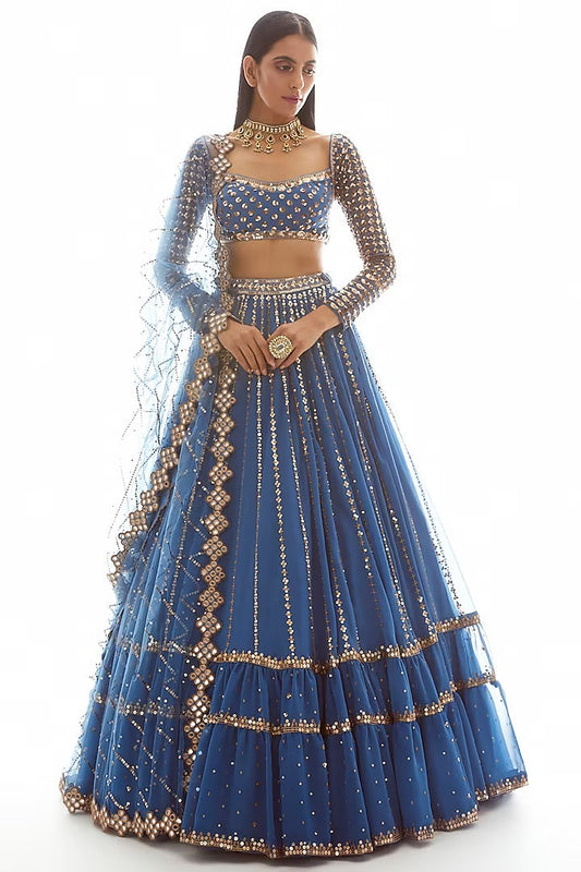 Dark Blue Georgette Sequins Embroidered Lehenga Set