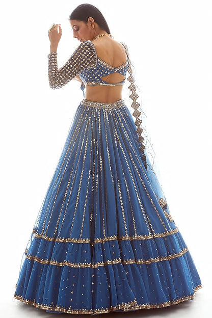 Dark Blue Georgette Sequins Embroidered Lehenga Set