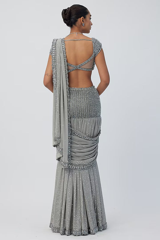 Rent Vvani By Vani Vats Grey Georgette Hand Embroidered Pre-Draped Saree Set