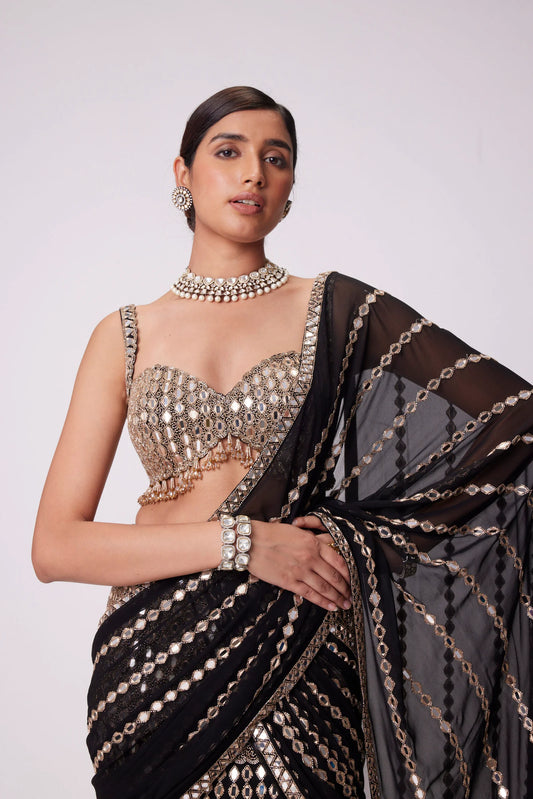 Rent Vani Vats Black Pre Draped Hand Embroidered Saree Set