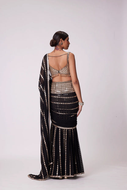 Rent Vani Vats Black Pre Draped Hand Embroidered Saree Set