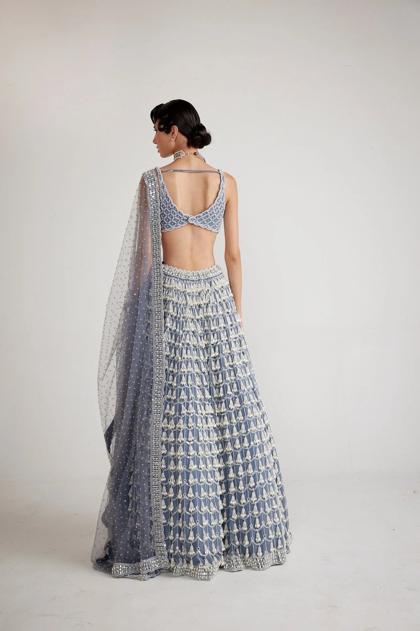 Rent Vvani by Vani Vats Dark Grey Chandelier Pearl Drop Lehenga Set