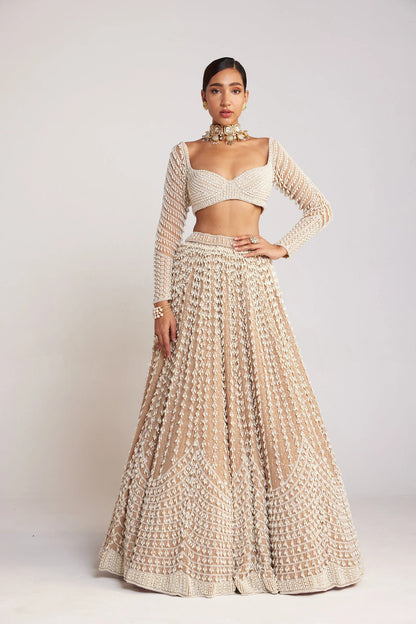 Rent Vvani By Vani Vats Beige Chandelier Pearl Lehenga Set