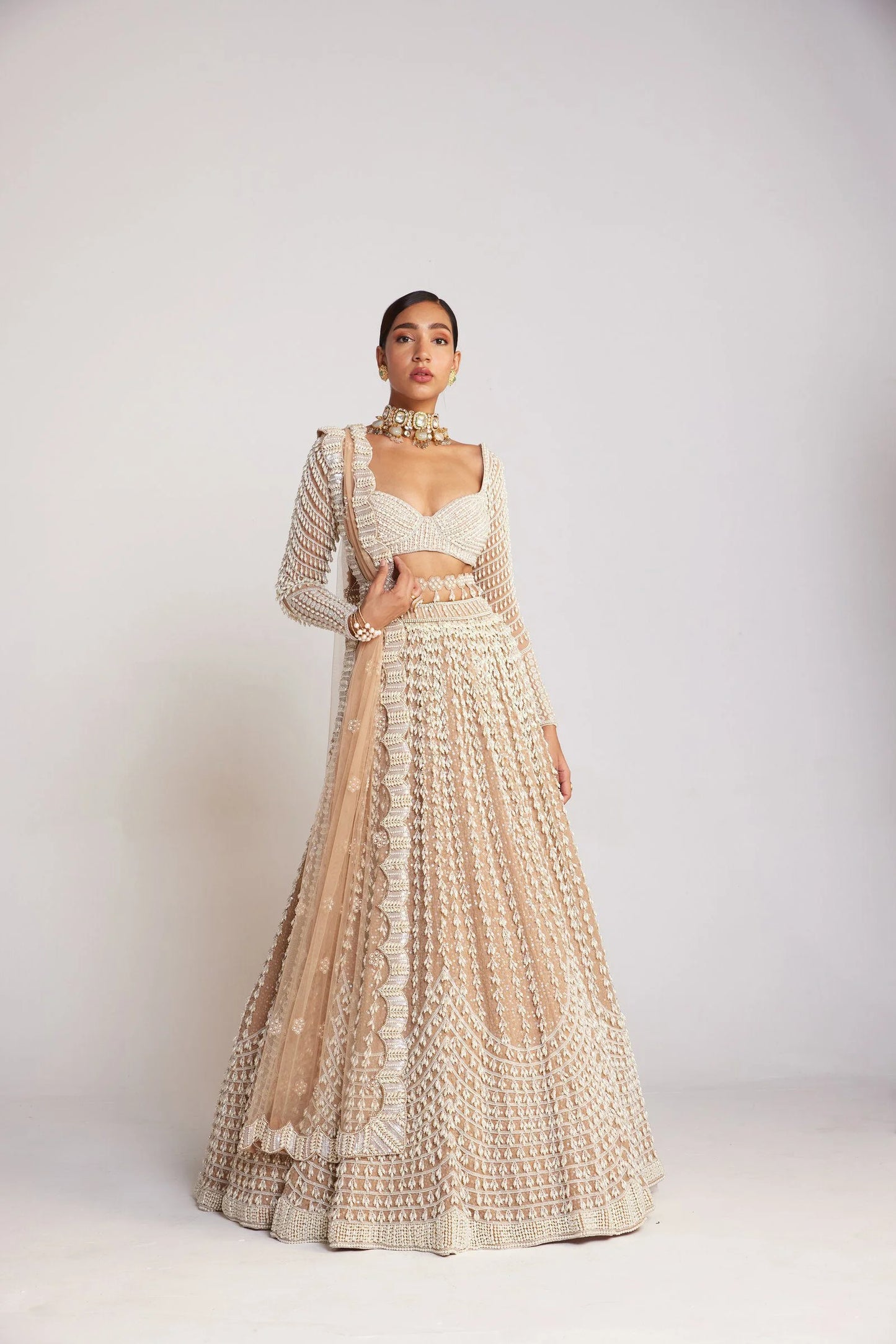 Rent Vvani By Vani Vats Beige Chandelier Pearl Lehenga Set