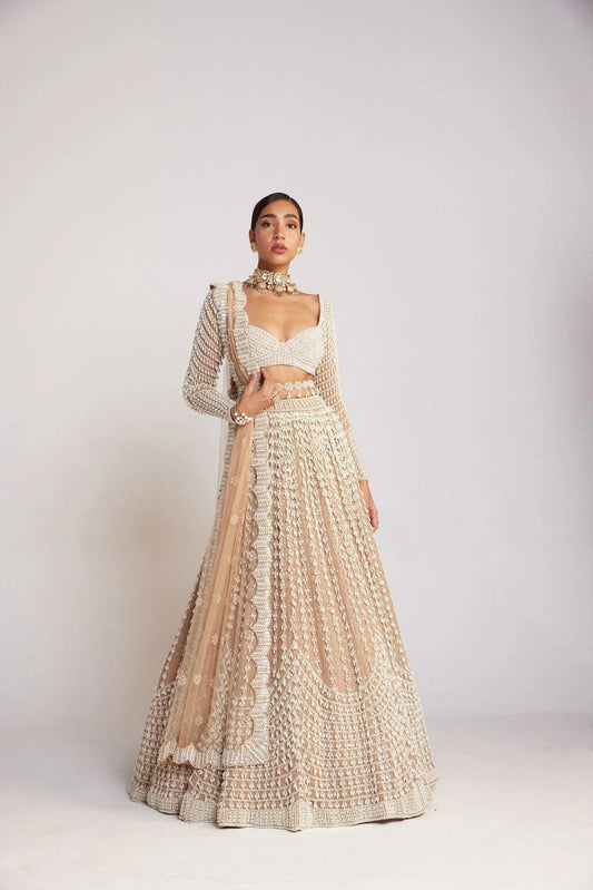 Rent Vvani By Vani Vats Beige Chandelier Pearl Lehenga Set - Couture Encore
