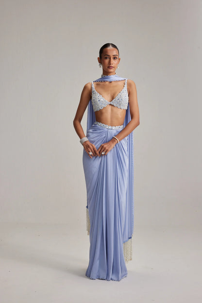 Rent Vani Vat Dew Blue Satin draped skirt Set