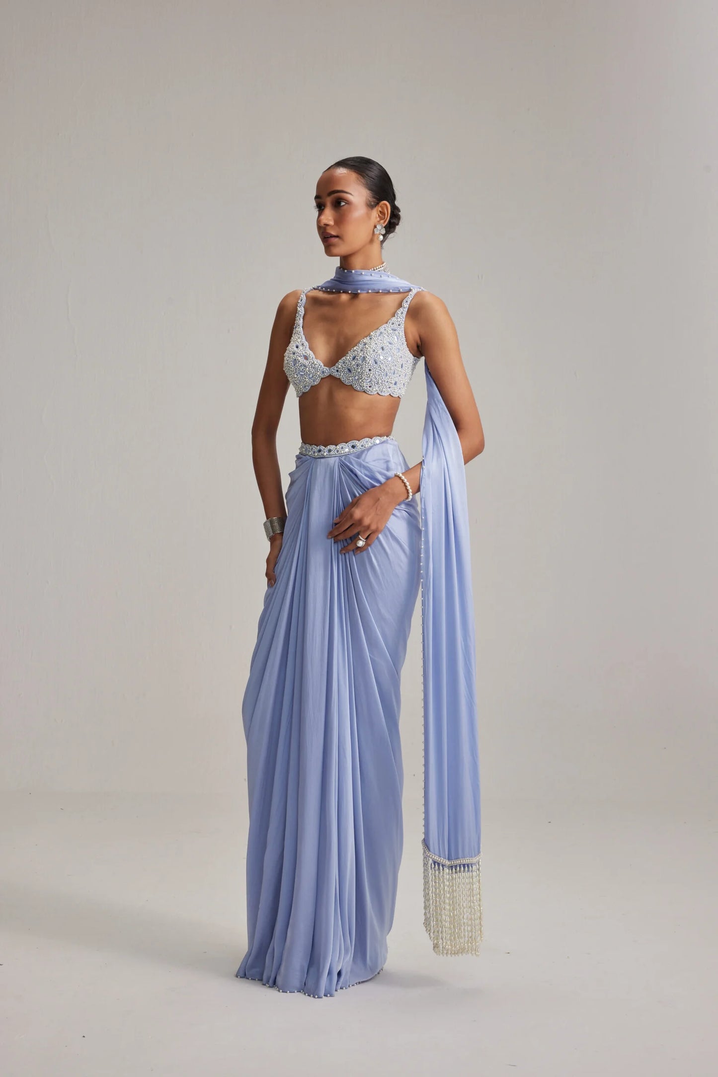 Rent Vani Vat Dew Blue Satin draped skirt Set