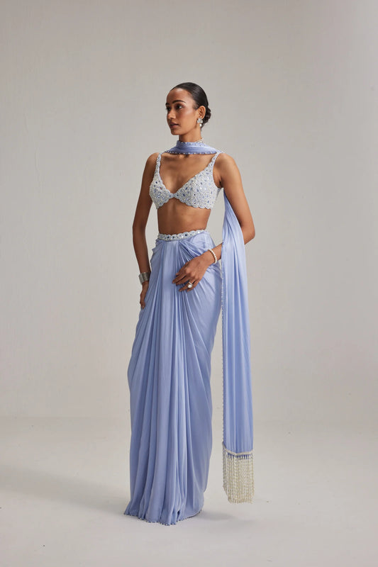 Rent Vani Vat Dew Blue Satin draped skirt Set
