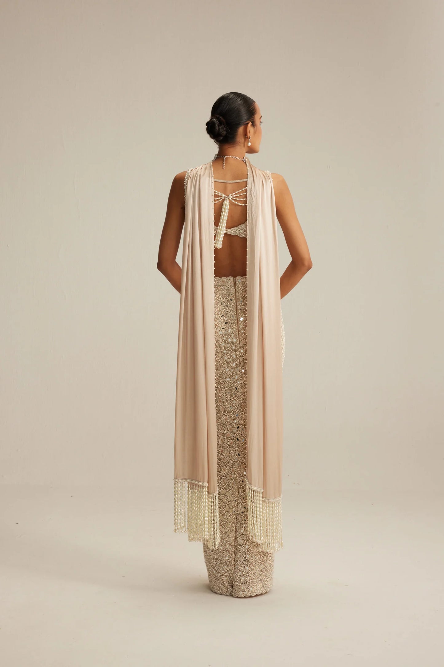 Rent Vani Vats Light Beige Dense Pearl and Mirror Pencil Skirt with V Neck Blouse